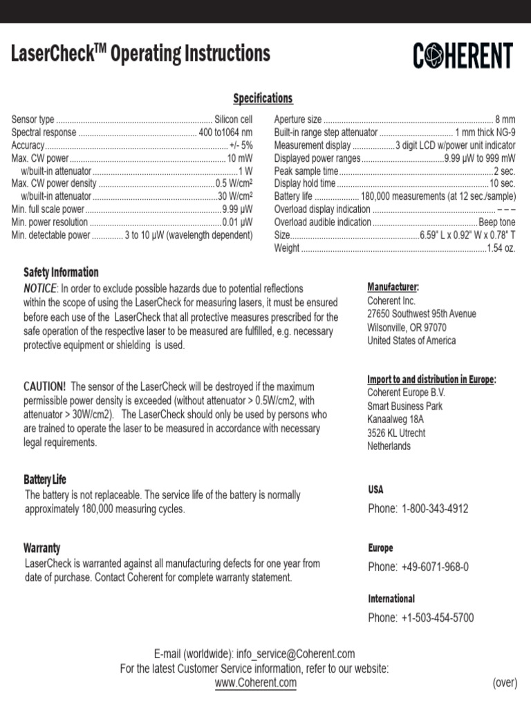 LaserCheck Operating Instructions | PDF | Laser | Wavelength