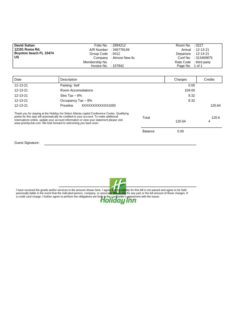 Holiday Inn Invoice for David Sultan | PDF | Credit Card | Financial ...