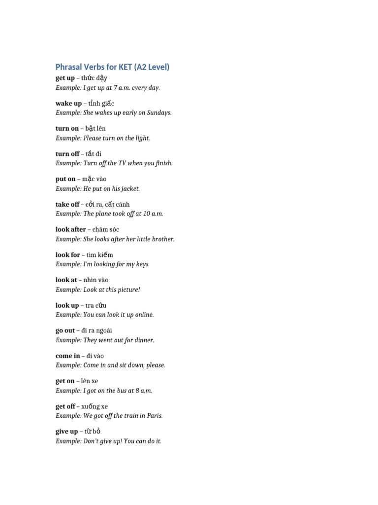 A2 Phrasal Verbs List and Examples | PDF
