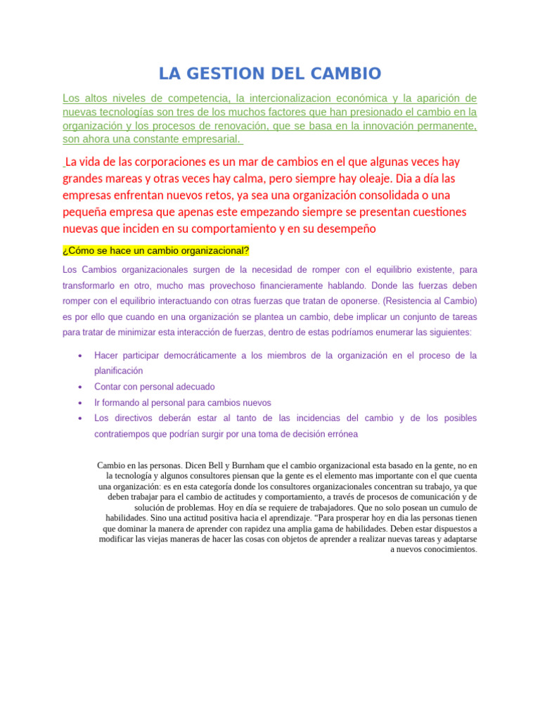 La Gestion Del Cambio: ¿Cómo Se Hace Un Cambio Organizacional? | PDF ...