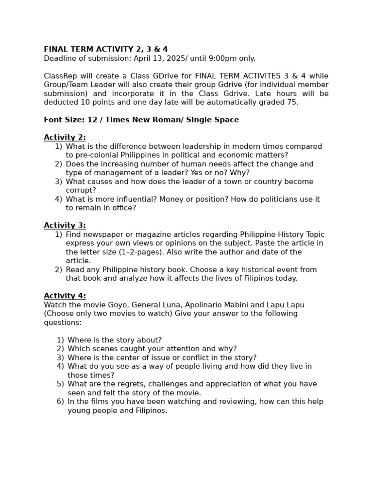 Final Term Activities for Philippine History | PDF