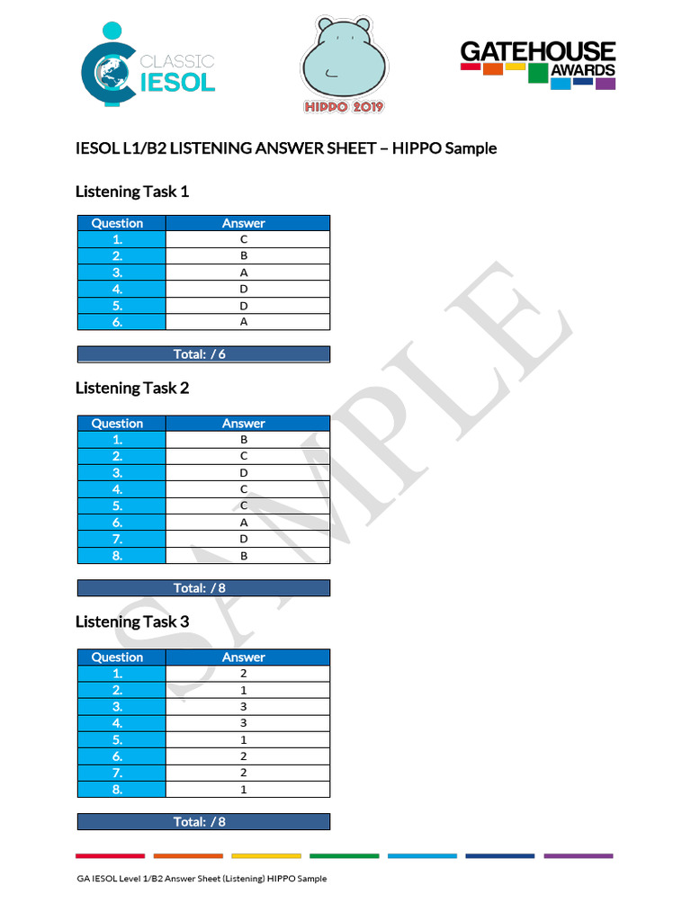 GA IESOL L1 (B2) Answer Sheet Listening HIPPO Sample | PDF