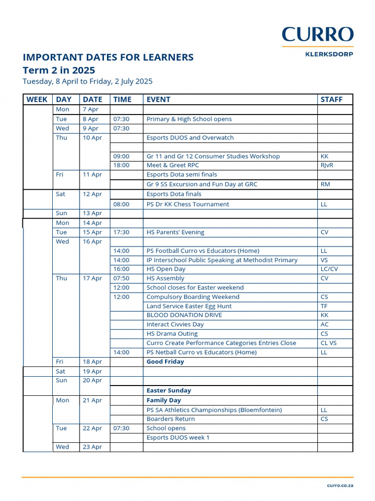 2025 ImportantDates - HS - PS TERM 2 Learners Revised | PDF | Youth