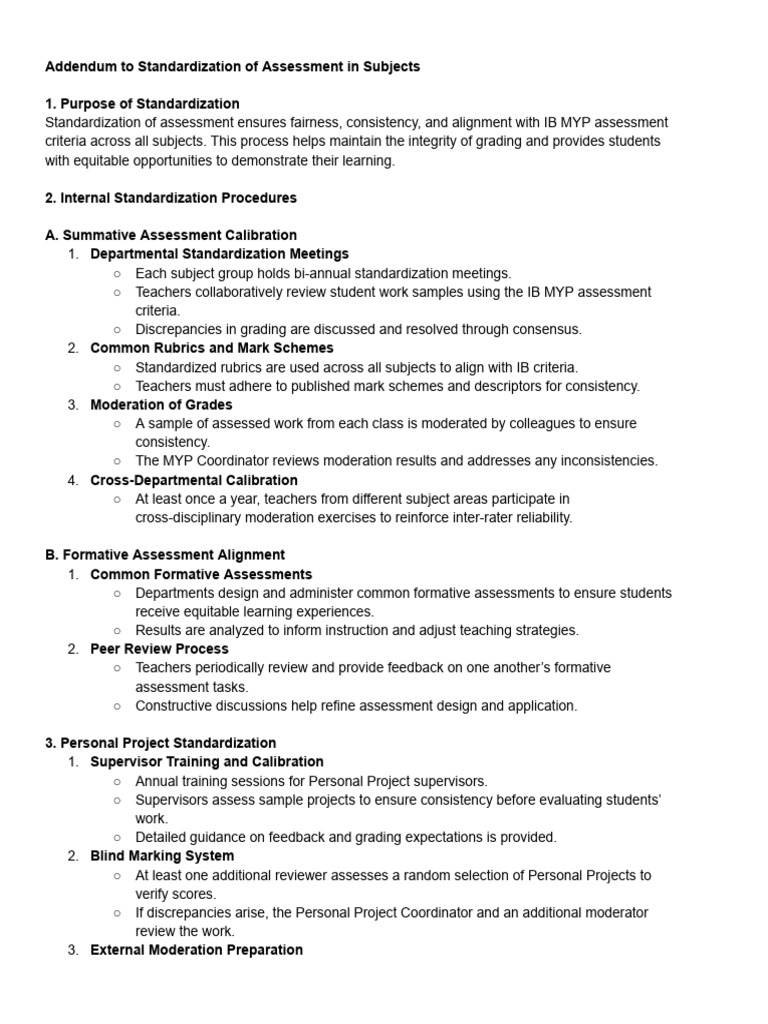 Addendum To Standardization of Assessment in Subjects | PDF ...