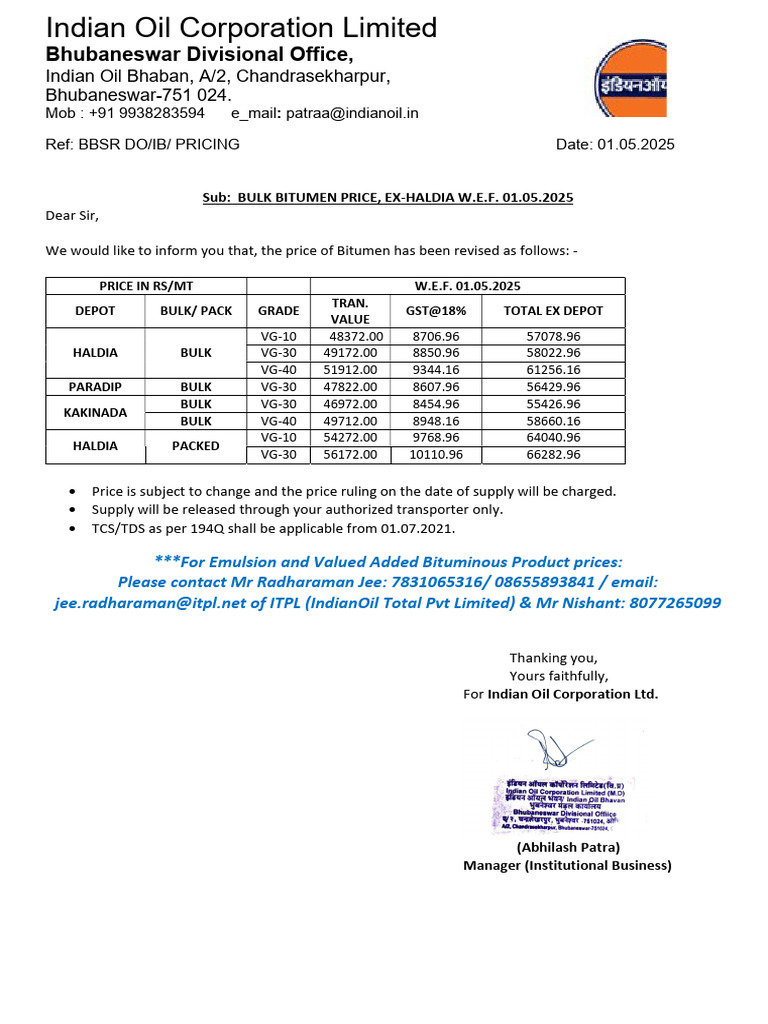 VG30 Bitumen Price Update May 2025 | PDF | Chemical Process Engineering ...