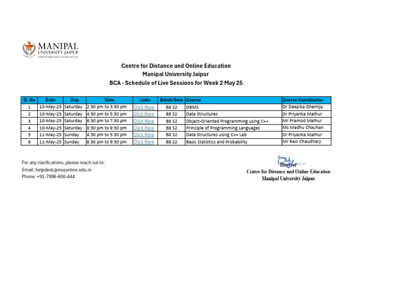 BCA Live Session Schedule: May 2025 | PDF
