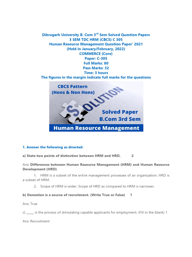 Dibrugarh University B.Com HRM Question Paper | PDF | Performance ...