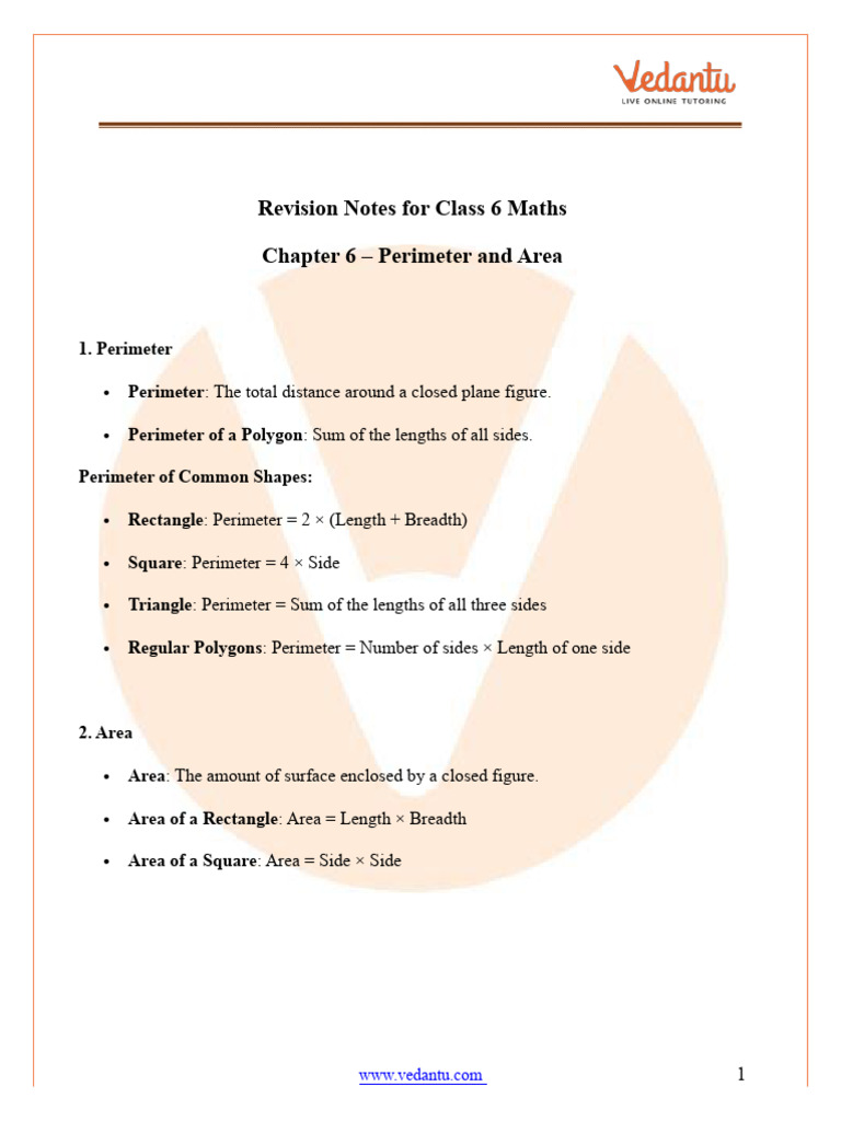 Class 6 Perimeter and Area Notes | PDF