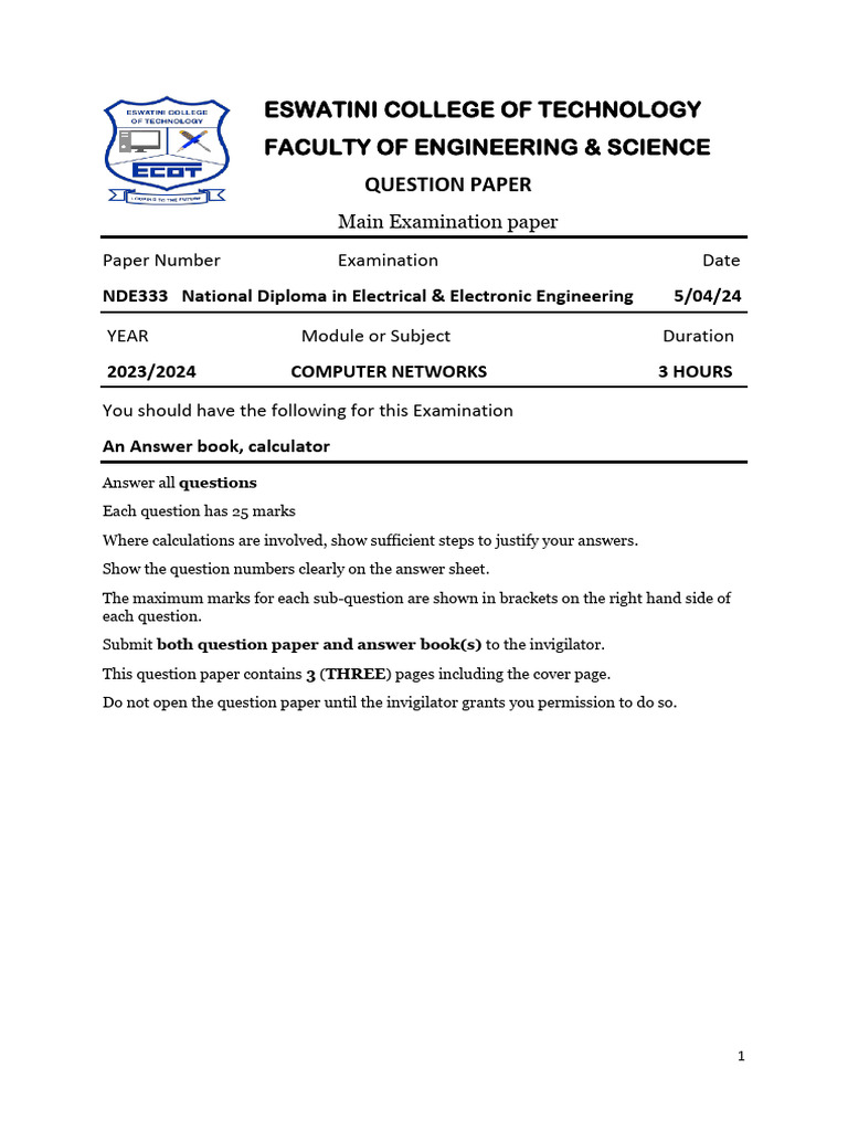 Computer Networks Exam Paper 2024 | PDF | Computer Network | Computer ...