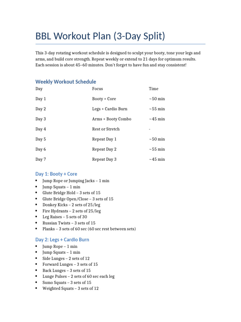BBL Workout 3 Day Split | PDF