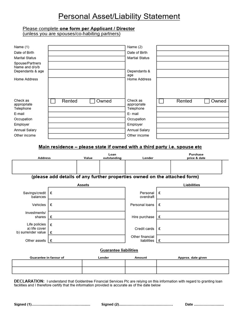 Personal Asset/Liability Statement Form | PDF | Credit | Finance ...