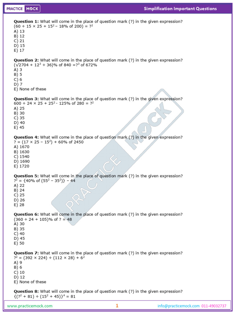 Simplification Math Questions and Answers | PDF