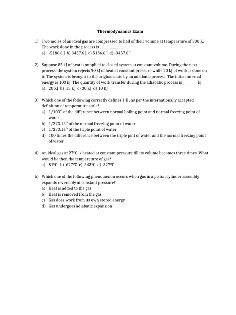 Thermodynamics Exam Questions and Answers | PDF