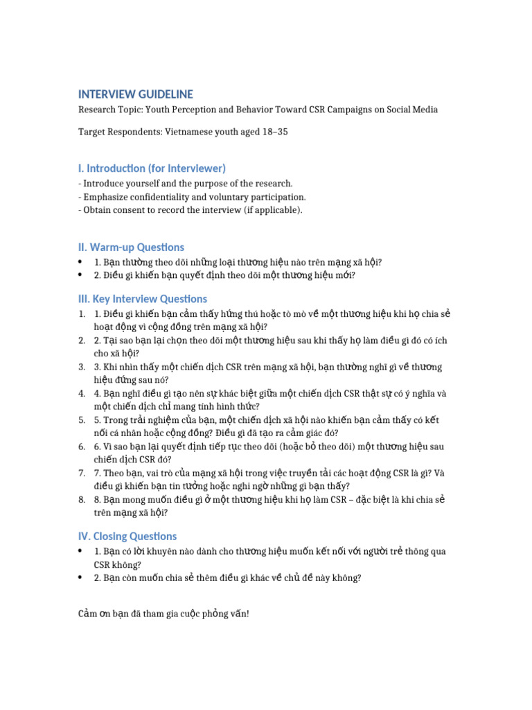 Interview Guideline CSR Youth | PDF