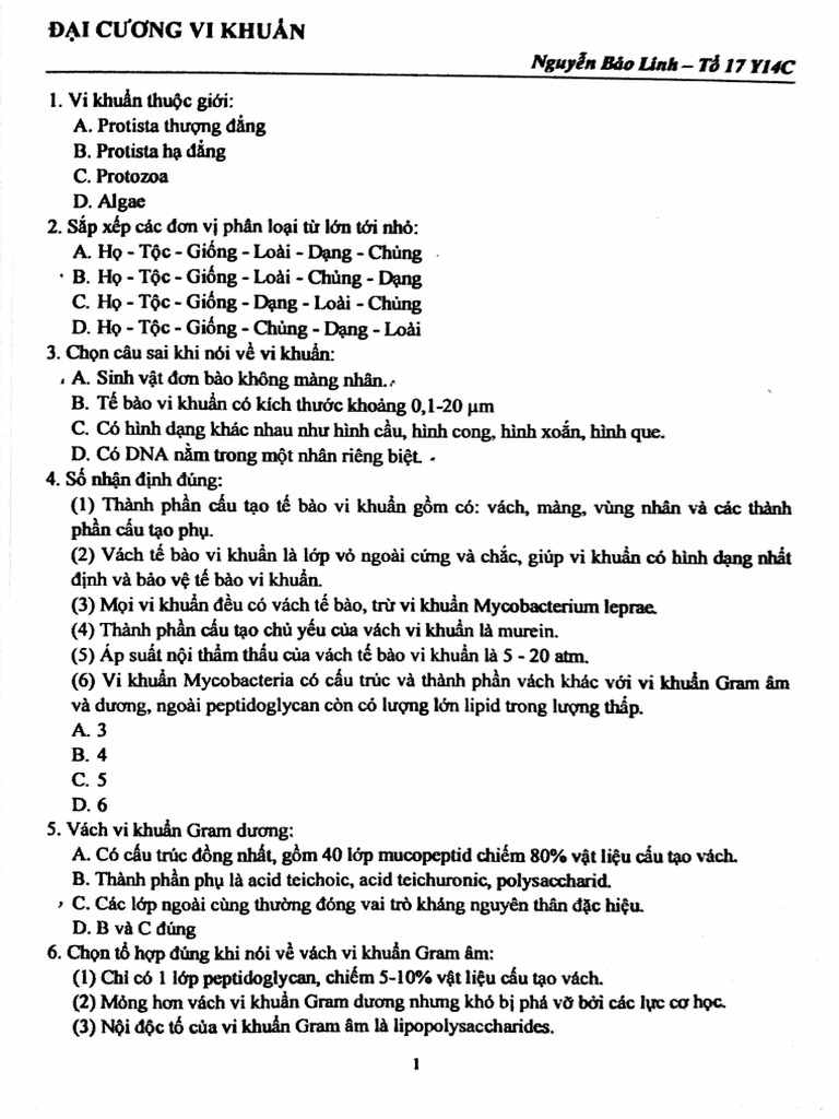 Trắc Nghiệm VI Sinh | PDF