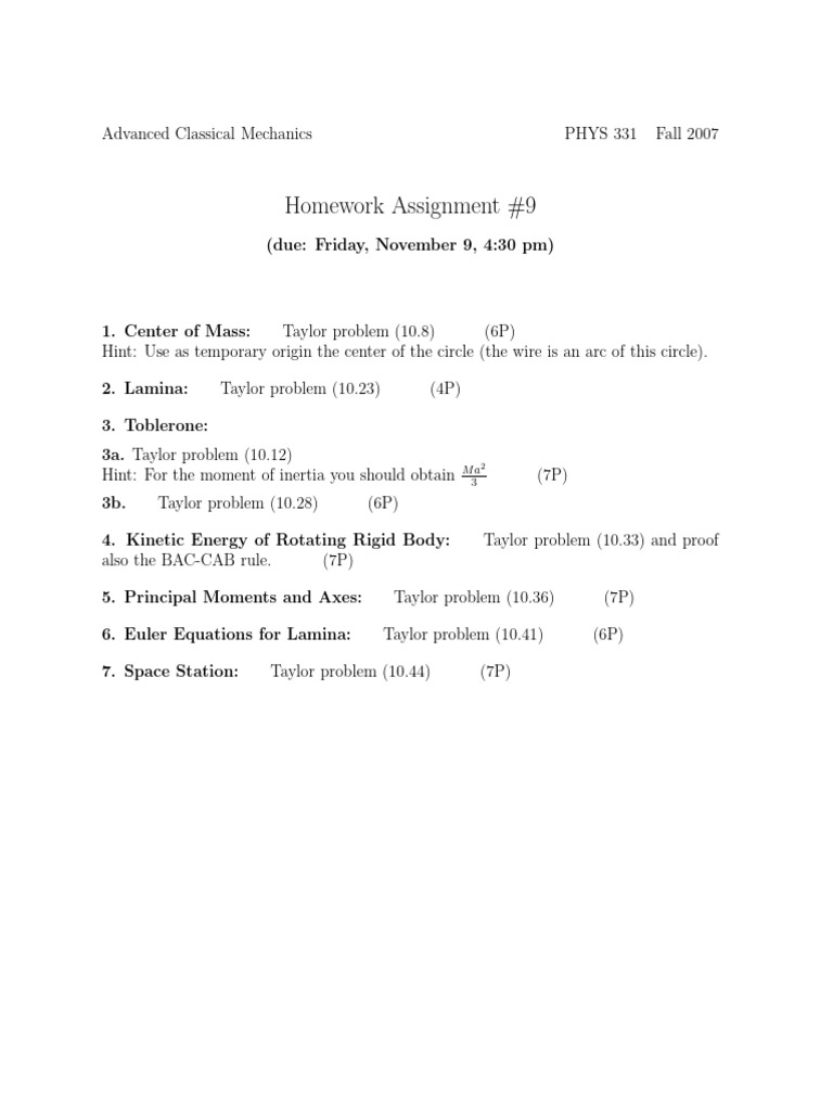 Advanced Classical Mechanics Homework 9 | PDF