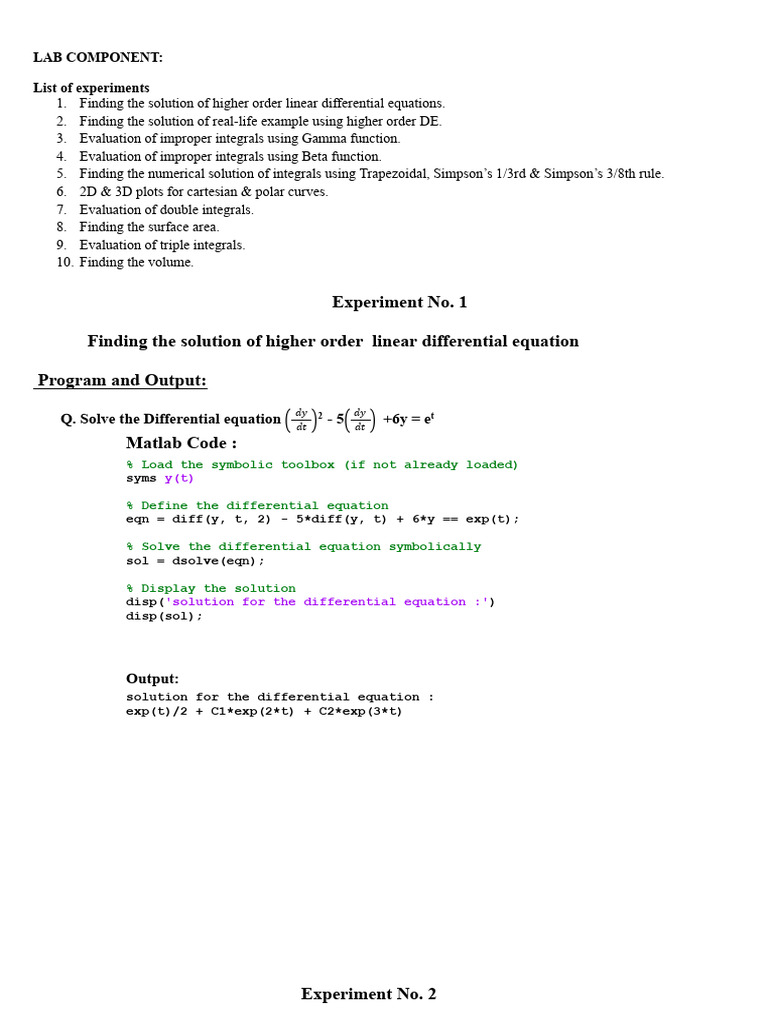 MATLAB Experiments on Differential Equations and Integrals | PDF ...
