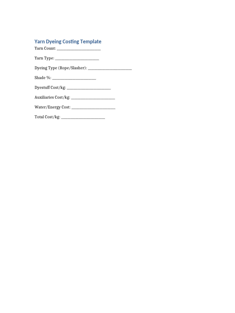Yarn Dyeing Cost Breakdown Template | PDF