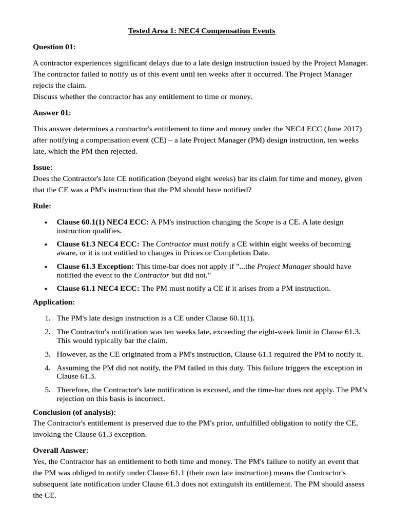 NEC4 Compensation Events Analysis | PDF | Subcontractor | Breach Of ...
