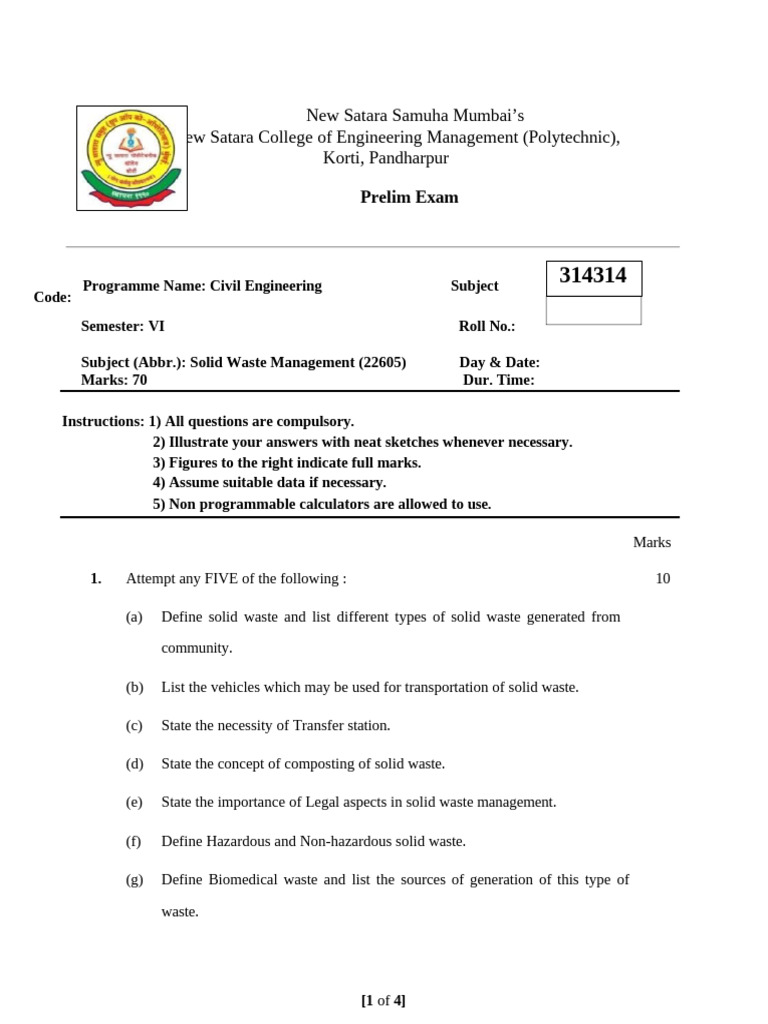 SWM Prelim Question Paper | PDF | Waste Management | Municipal Solid Waste