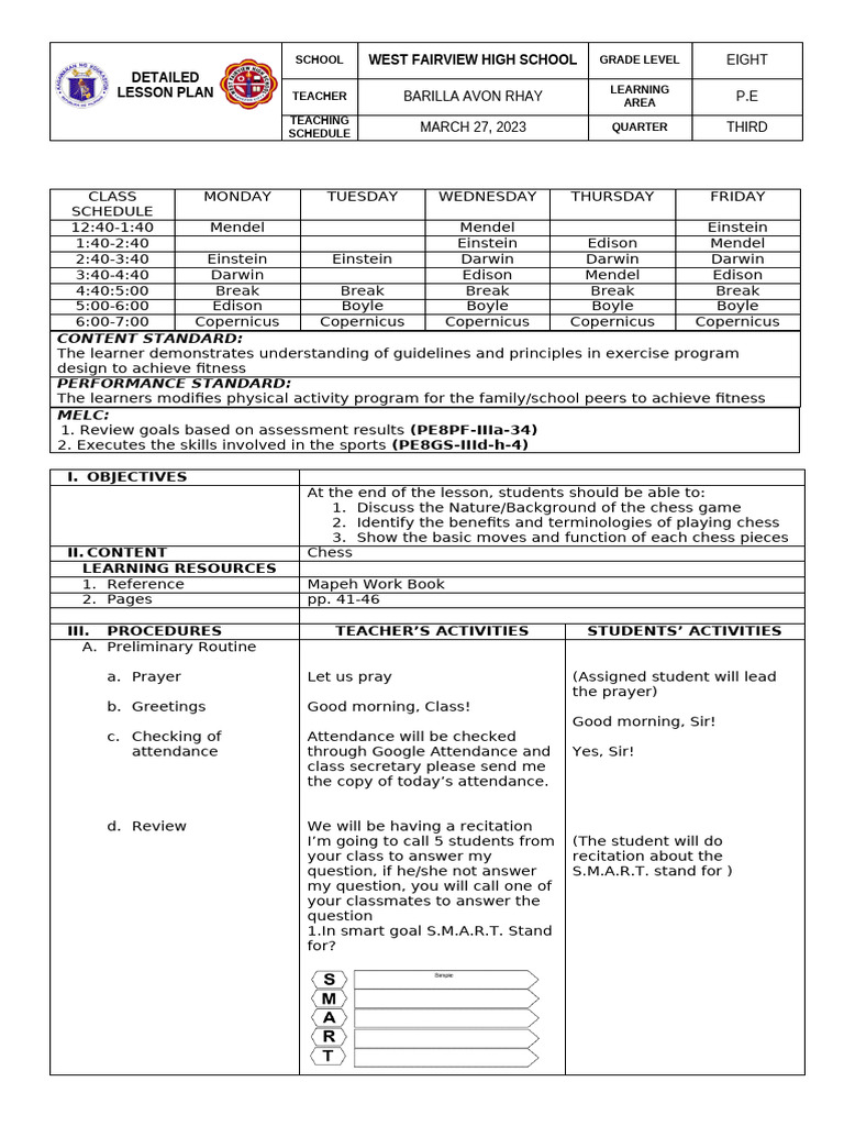 8th Grade Chess Lesson Plan | PDF | Chess | Abstract Strategy Games