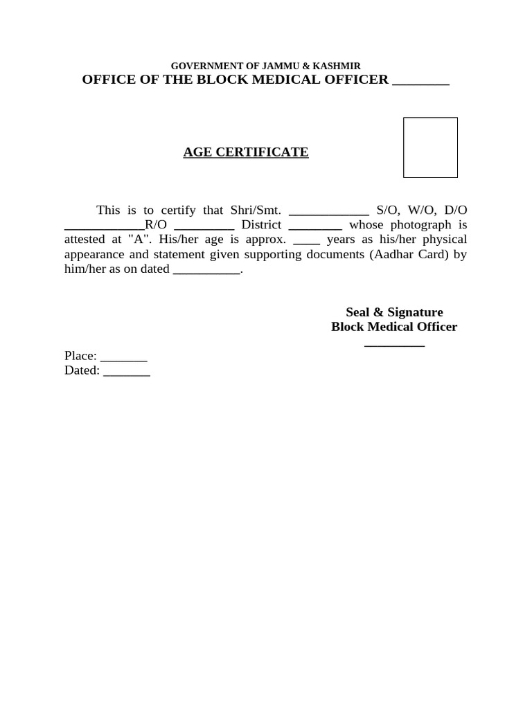 Age Certificate Format for Jammu & Kashmir | PDF