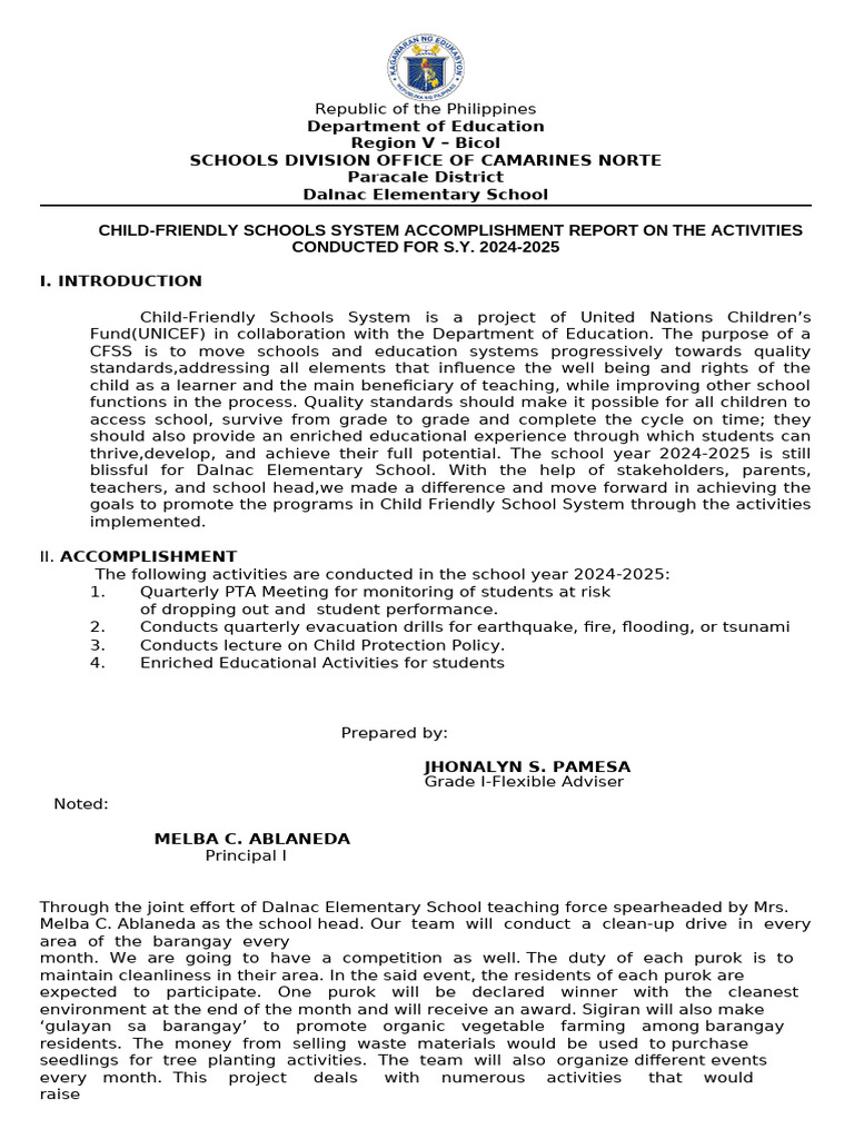 Dalnac Elementary School CFSS Report 2024-2025 | PDF