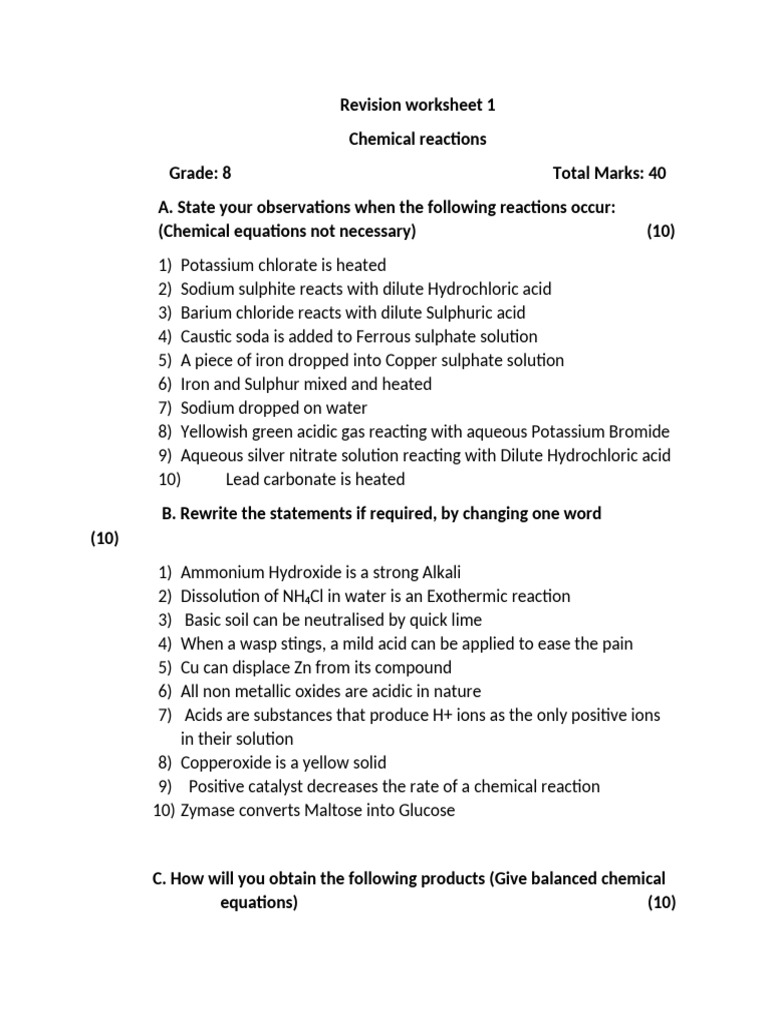Grade 8 Chemical Reactions Worksheet | PDF | Chemical Reactions | Oxide