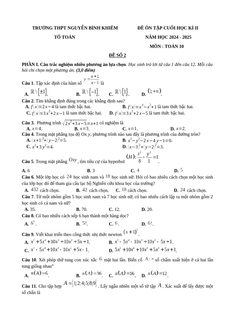 ĐỀ ÔN CUỐI HK2 MÔN TOÁN 10. ĐỀ 2 | PDF