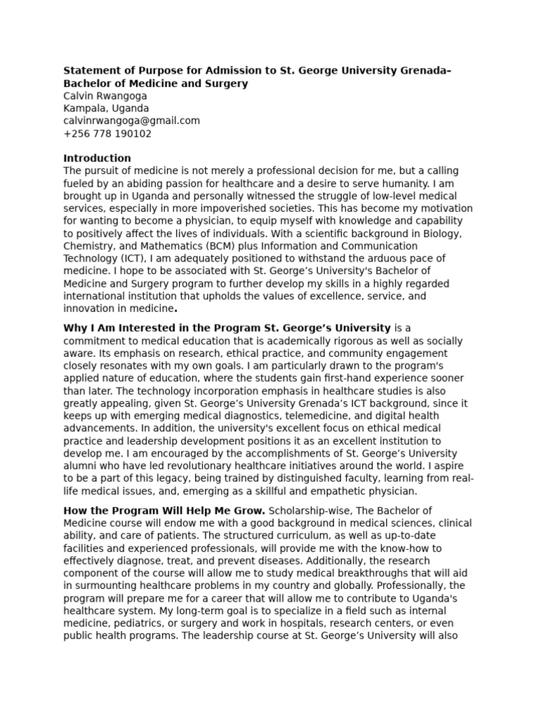 Statement of Purpose for St. George's Medicine | PDF | Medicine ...