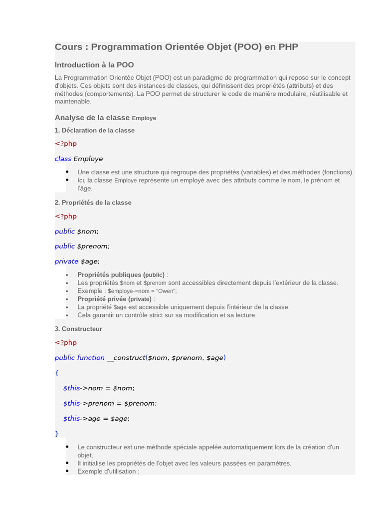 POO en PHP : Classe Employe et Constructeur | PDF | Classe ...