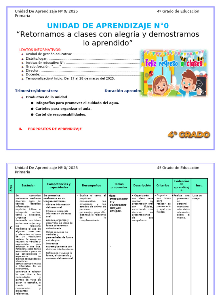 Unidad de Aprendizaje 4º Grado 2025 | PDF | Datos | Aprendizaje