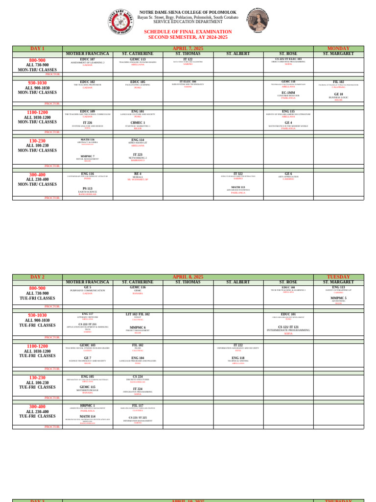 Final Exam Schedule AY 2024-2025 | PDF | Mathematics | Science