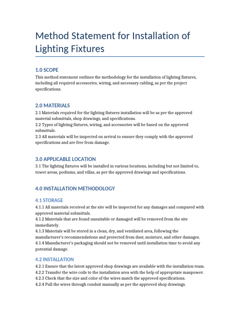 Lighting Fixture Installation Method Statement | PDF | Electrical ...