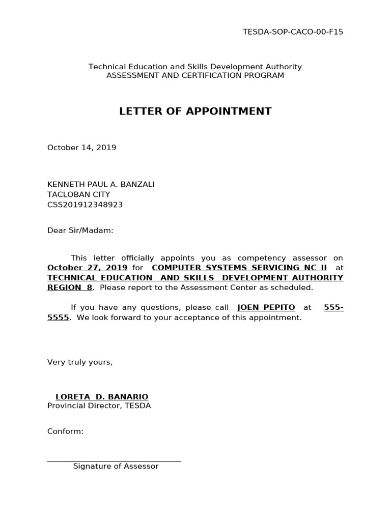 TESDA Competency Assessor Appointment | PDF