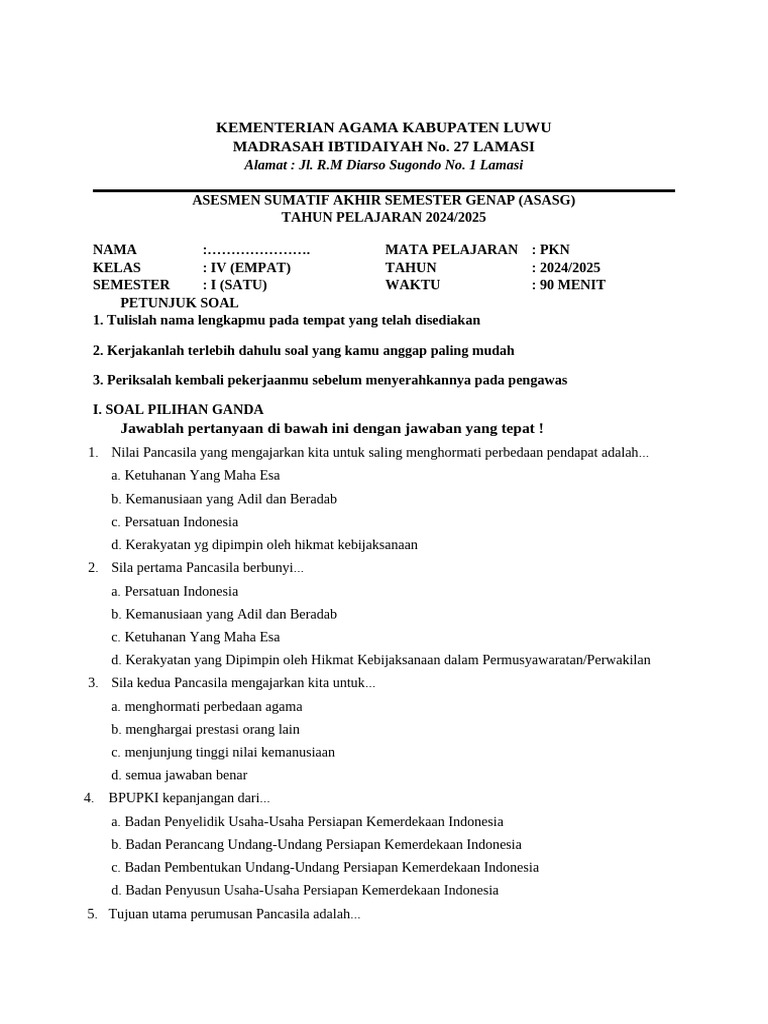 Soal PKN Kelas IV MI Semester Genap | PDF