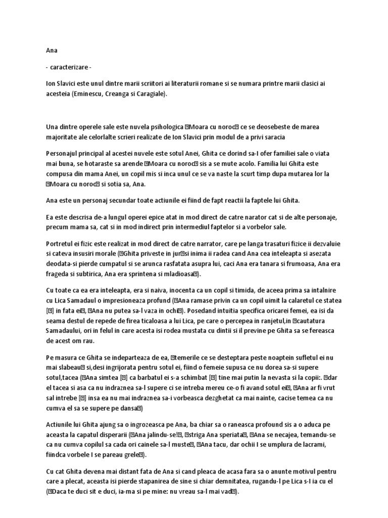 Caracterizare Ana Moara Cu Noroc Caracterizarea Anei Din Moara Cu Noroc | PDF