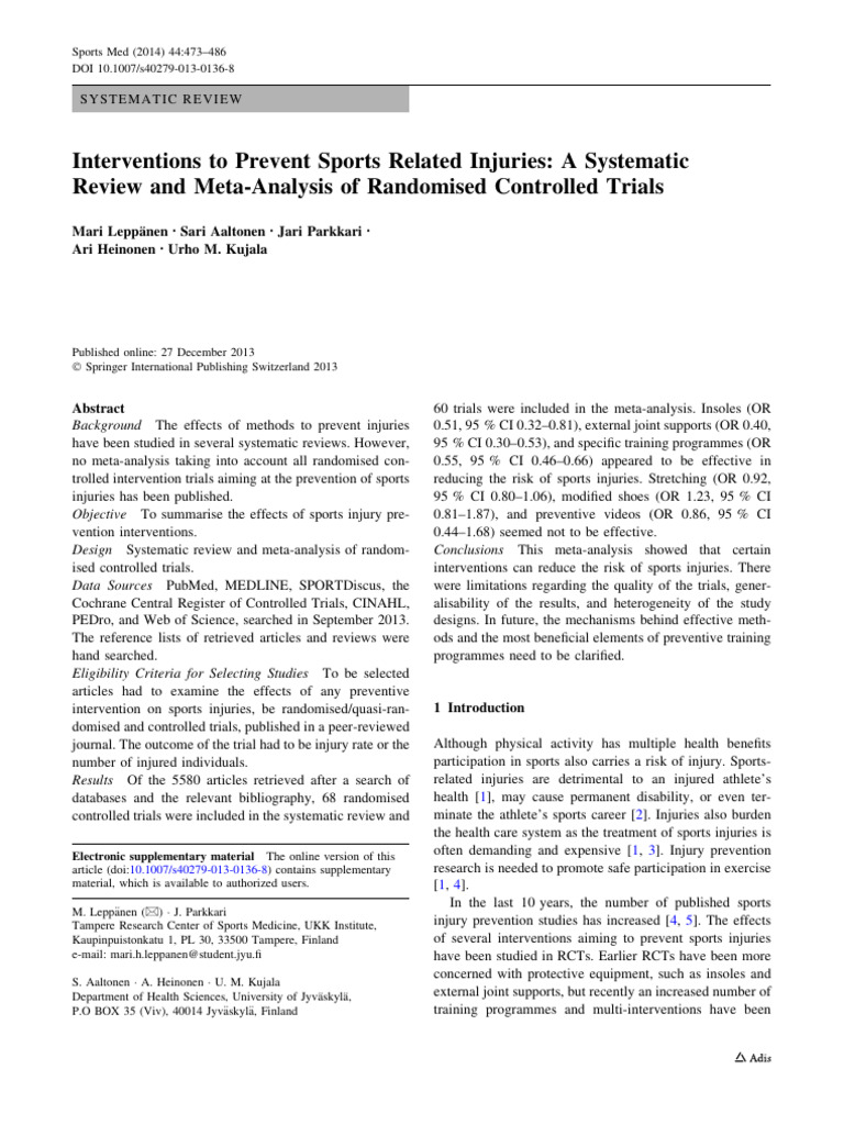 Interventions To Prevent Sports Related Injuries | PDF | Randomized ...
