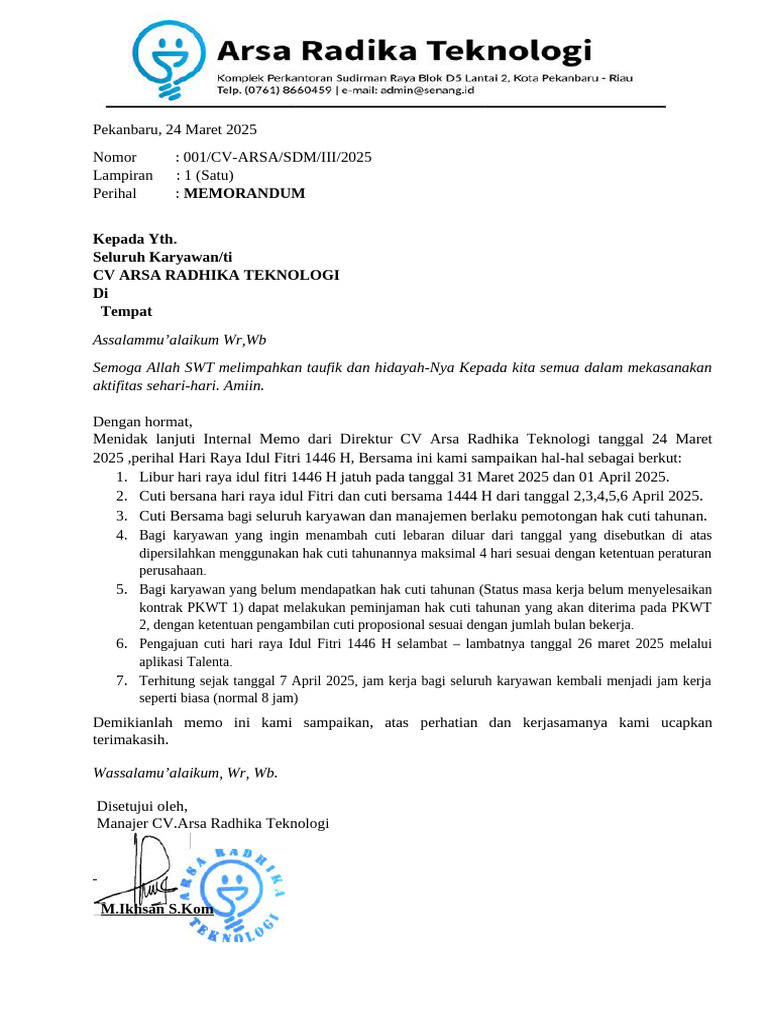 Memo Cuti Hari Raya Idul Fitri 2025 | PDF