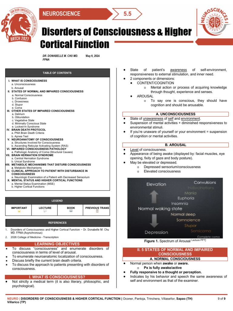 (Neu) 5.5 Disorders of Consciousness & Higher Cortical Function | PDF ...