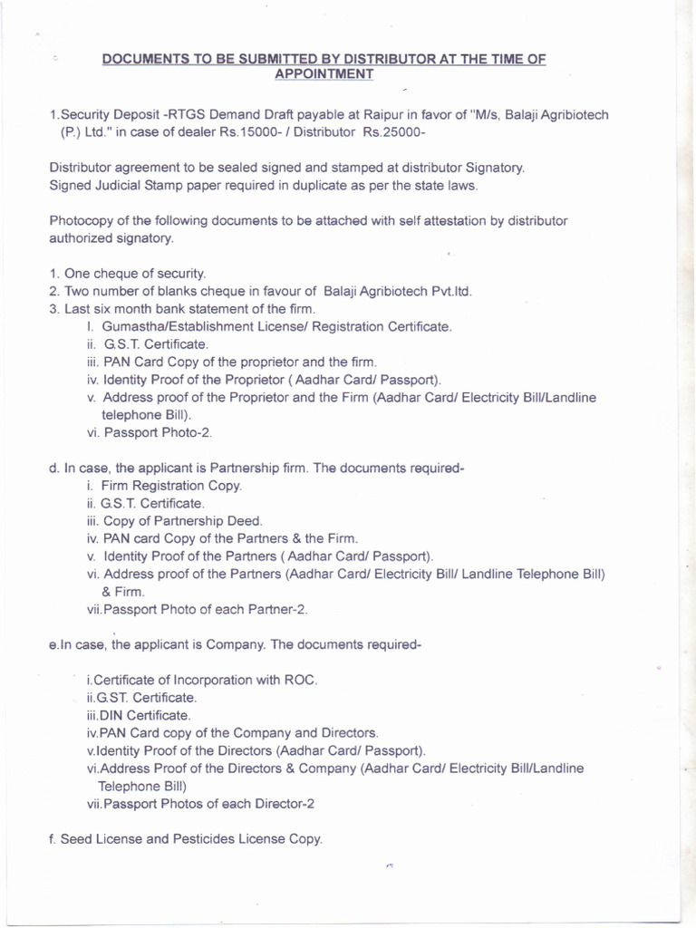 Distributor Appointment Document Requirements | PDF | Payments | Cheque