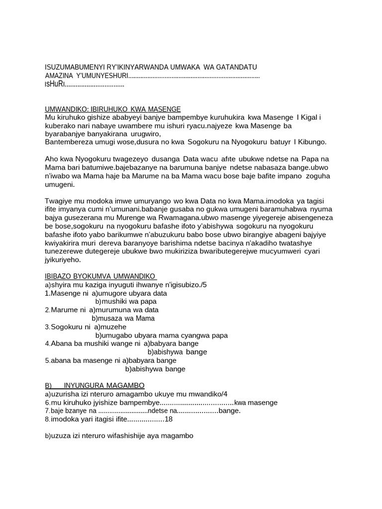Ikinyarwanda S6 Isuzumabumenyi | PDF | Rwanda | Linguistics