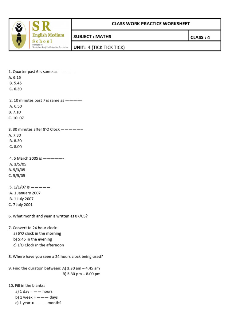 Class 4 Maths Practice Worksheet | PDF