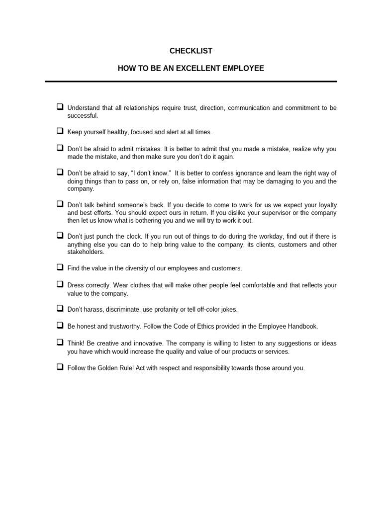 Checklist - How To Be An Excellent Employee | PDF