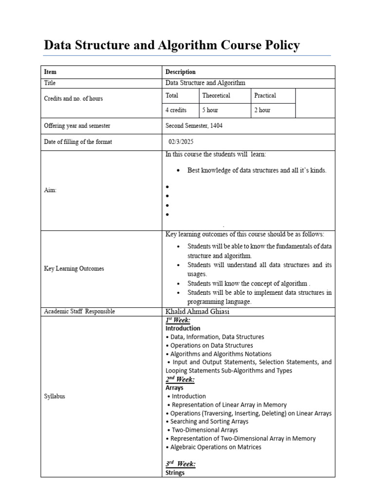 Course Policy & Syllabus of Data Structure | PDF | String (Computer ...