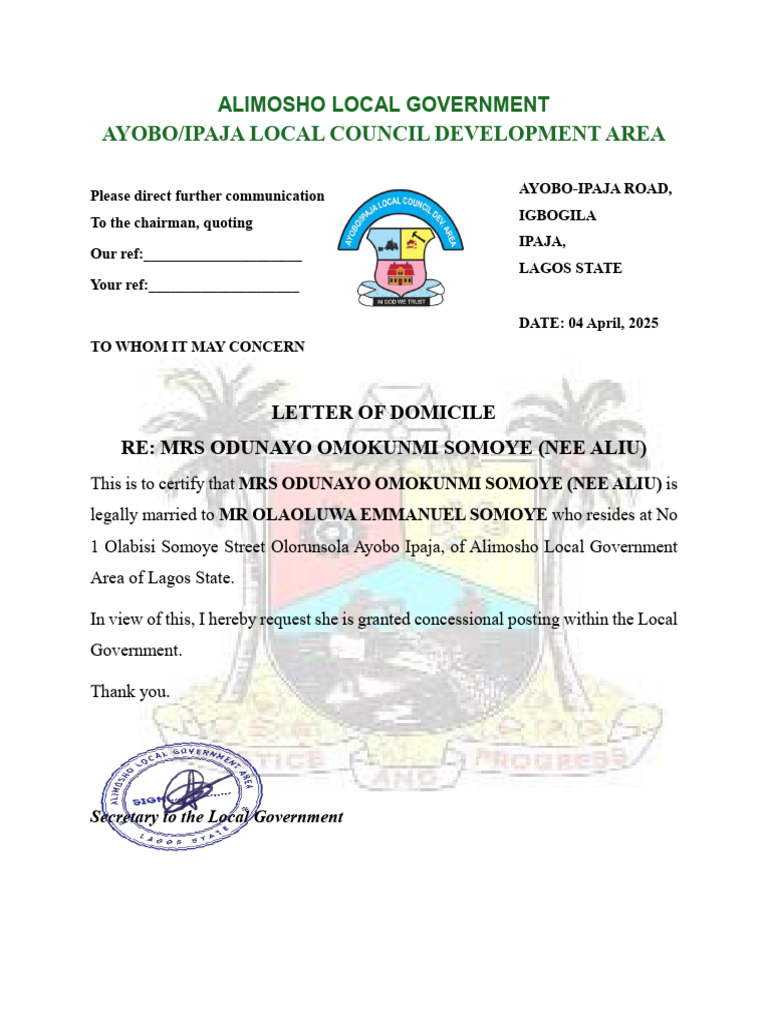 Domicile Letter for Mrs. Somoye | PDF