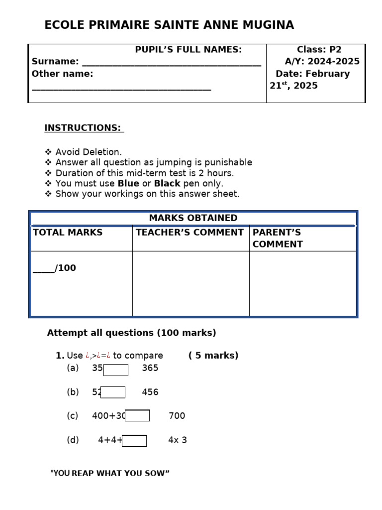 Mid-Term Test Instructions P2 | PDF | Mathematics | Elementary Mathematics