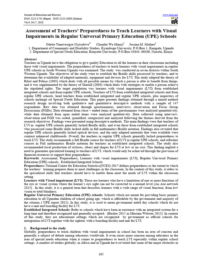 Assessment of Teachers' Preparedness To Teach Learners With Visual ...