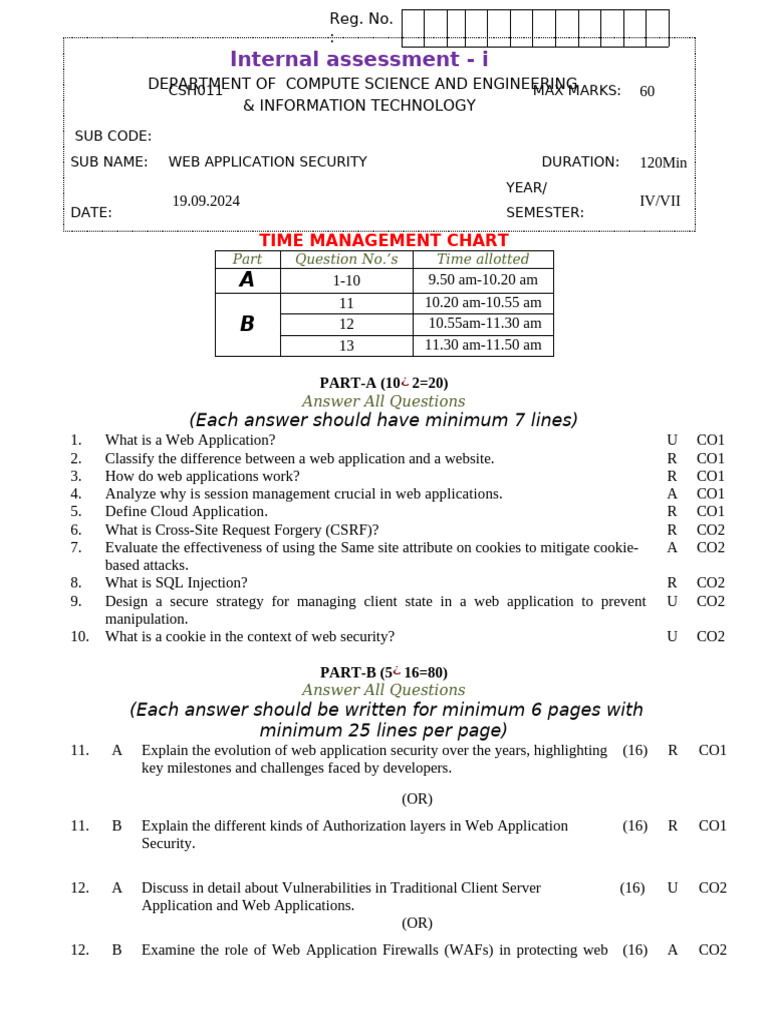WAS IA -1 Question Paper | PDF | Http Cookie | Security Technology