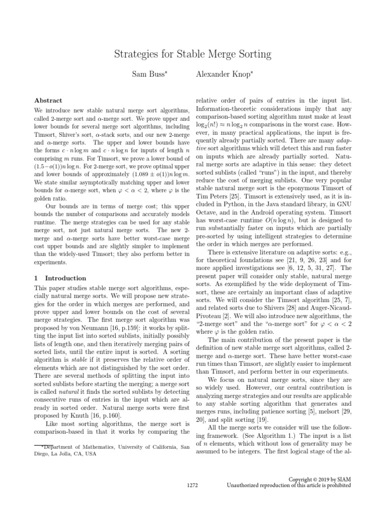 New Stable Merge Sort Algorithms | PDF | Computer Programming | Applied ...